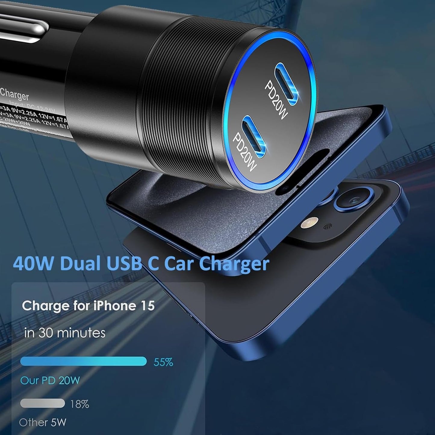 iPhone Car Charger Fast Charging, 40W Dual USB-C Cigarette Lighter Car Charger Adapter+2Pack 6ft USB C Cable+20W USB C Wall Charger Block for iPhone 16/16 Plus/16 Pro/16 Pro Max/15/15 Pro Max, iPad