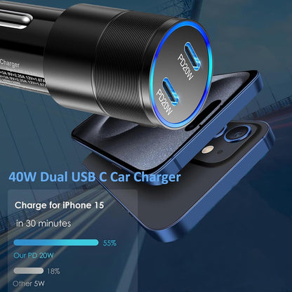 iPhone Car Charger Fast Charging, 40W Dual USB-C Cigarette Lighter Car Charger Adapter+2Pack 6ft USB C Cable+20W USB C Wall Charger Block for iPhone 16/16 Plus/16 Pro/16 Pro Max/15/15 Pro Max, iPad