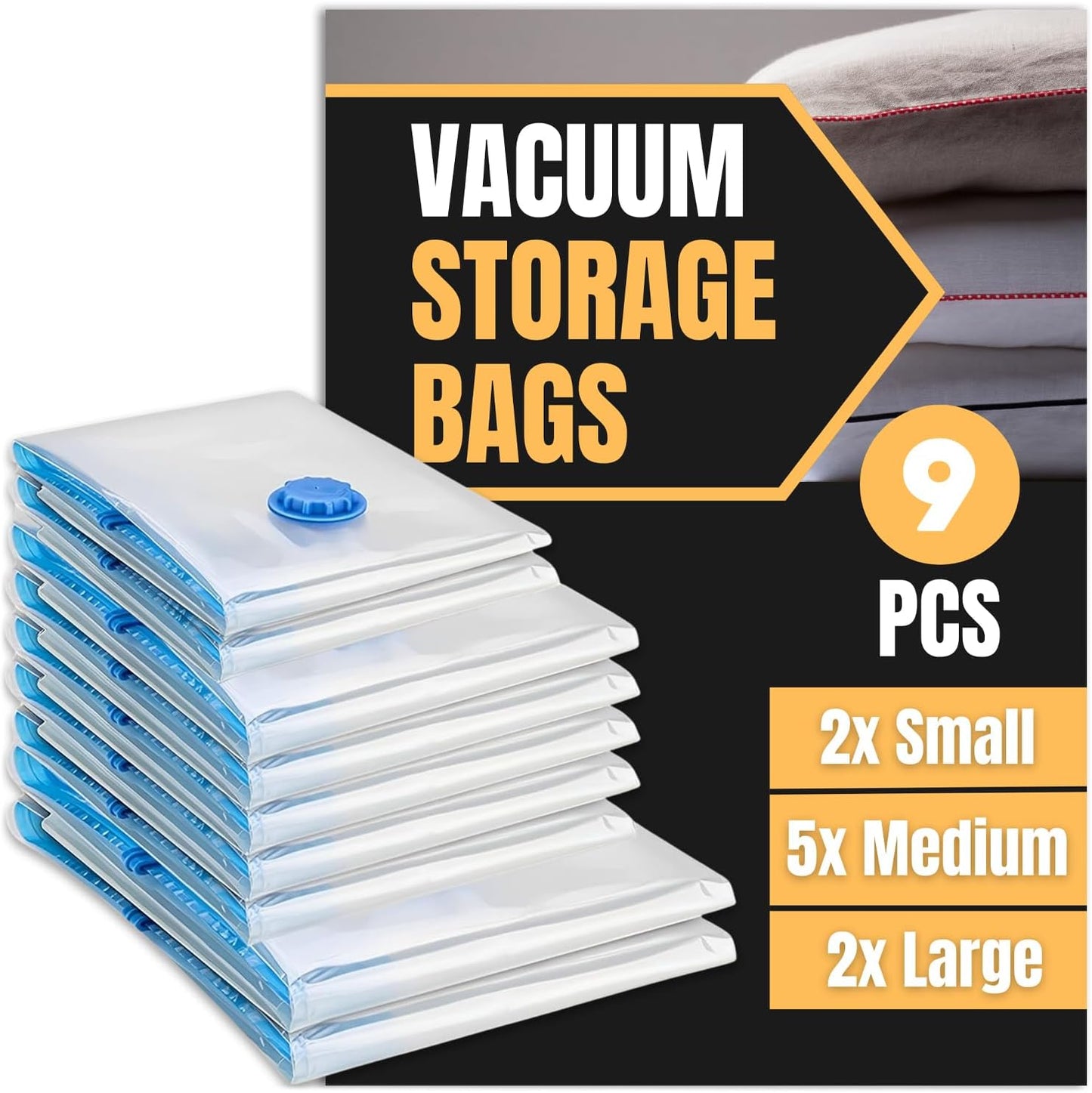 Space Saver Vacuum Storage Bags Kit - Pack of 9 (2 Large + 5 Medium + 2 Small) Vacuum Sealer Bags for Efficient Storage, Travel Vacuum Bags for Clothes, Vacuum Seal Bags for Space Organization