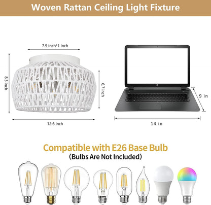 CWarmozy Semi Flush Mount 3-Light White Ceiling Light Fixture Boho Chandelier Light Fixtures Woven Rattan Small Chandelier for Dining Room Entryway Hallway Kitchen Island Dining Room Office