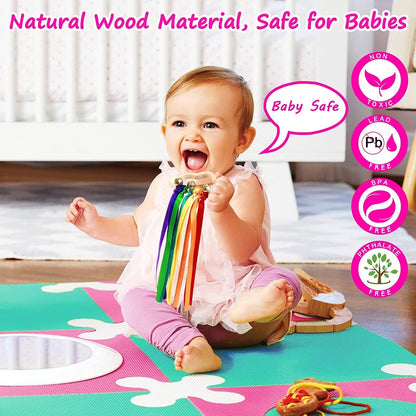 2 Pcs Waldorf Rainbow Hand Ribbon Kite Montessori Wooden Baby Toys Rainbow Twirler Stick with Bell for Babies Toddler Sensory Toys Rings