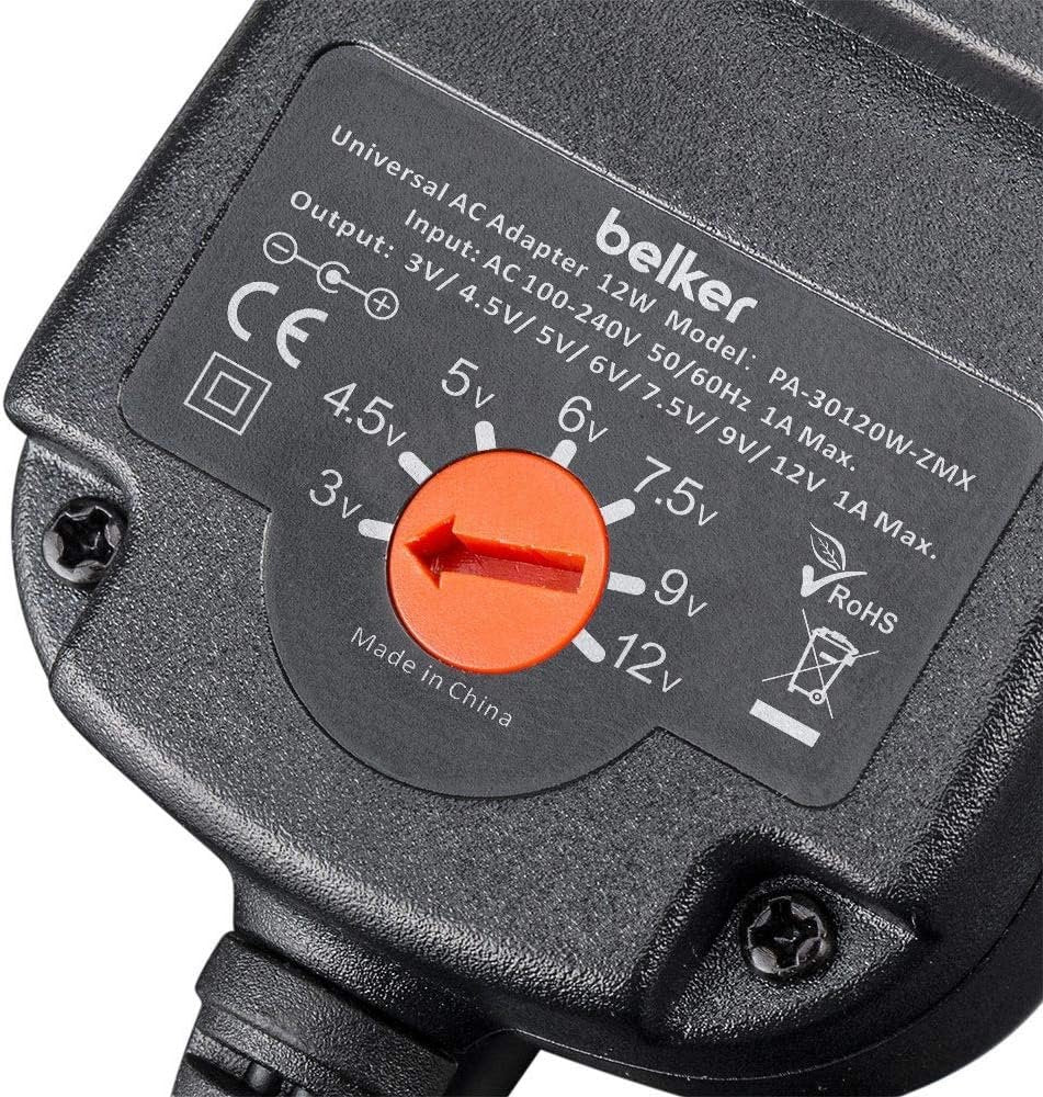 Belker 12W 3V 4.5V 5V 6V 7.5V 9V 12V Adjustable Voltage Universal AC/DC Adapter Power Supply for Household Electronics - 1A 1000mA Max.