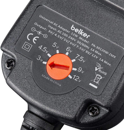 Belker 12W 3V 4.5V 5V 6V 7.5V 9V 12V Adjustable Voltage Universal AC/DC Adapter Power Supply for Household Electronics - 1A 1000mA Max.