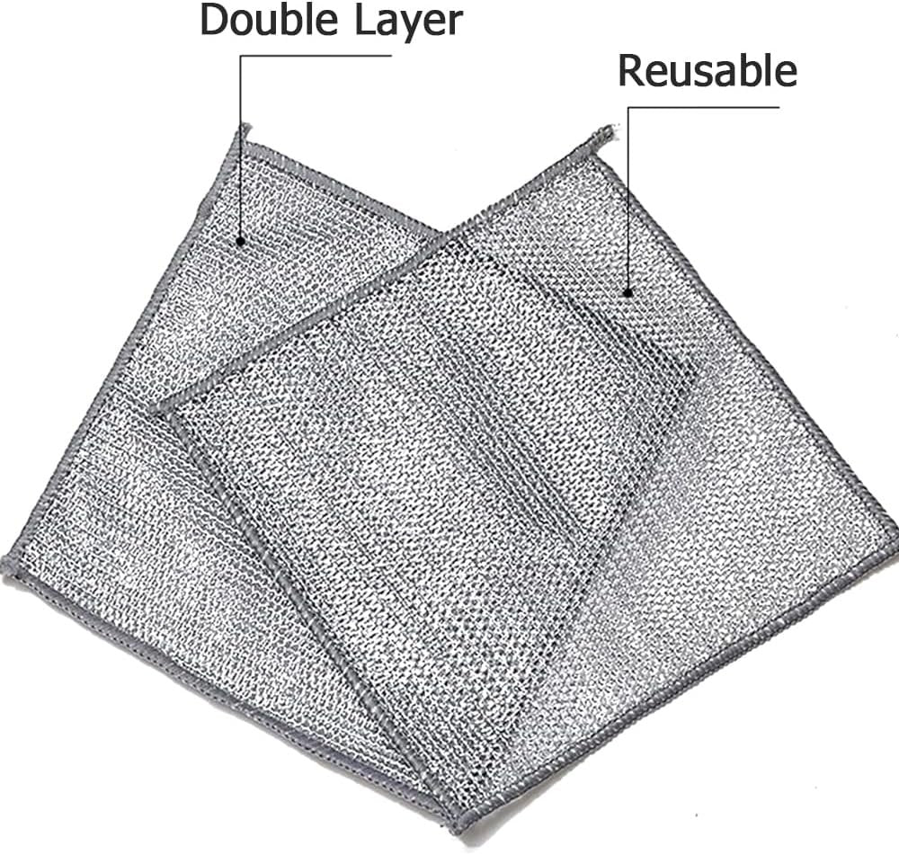 YinQin 6 PCS Double Layer Wire Dishwashing Cloths Non Scratch Stainless Steel Mesh Cleaning Cloth 20x20 cm Two Layer Multi Purpose Metal Wire Dish Cloths Rag Towel for Kitchen, Dish, Sink, Stove Top
