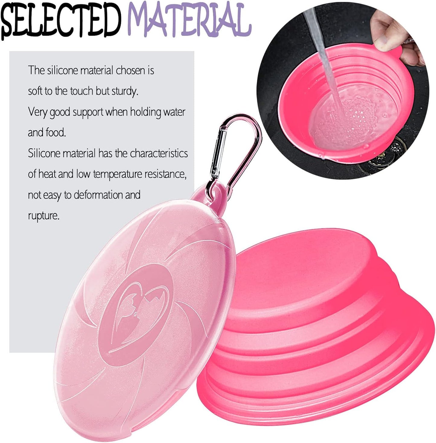 Collapsible Dog Bowl - Travel Dog Bowls with Lids & Carabiners, Portable Pet Bowls Silicone Feeding Watering Bowls Dish for Dogs Cats, 450ml/15oz Collapsable Doggy Bowl for Hiking Camping (Pink)