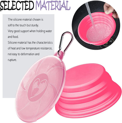 Collapsible Dog Bowl - Travel Dog Bowls with Lids & Carabiners, Portable Pet Bowls Silicone Feeding Watering Bowls Dish for Dogs Cats, 450ml/15oz Collapsable Doggy Bowl for Hiking Camping (Pink)