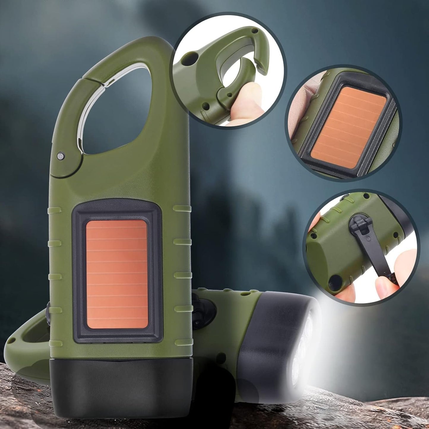 Simpeak Hand Cranking Solar Powered Flashlight, Emergency LED Flashlight Carabiner Dynamo Quick Snap Clip Backpack Flashlight Torch for Outdoor Camping Climbing Hiking, Green, Black