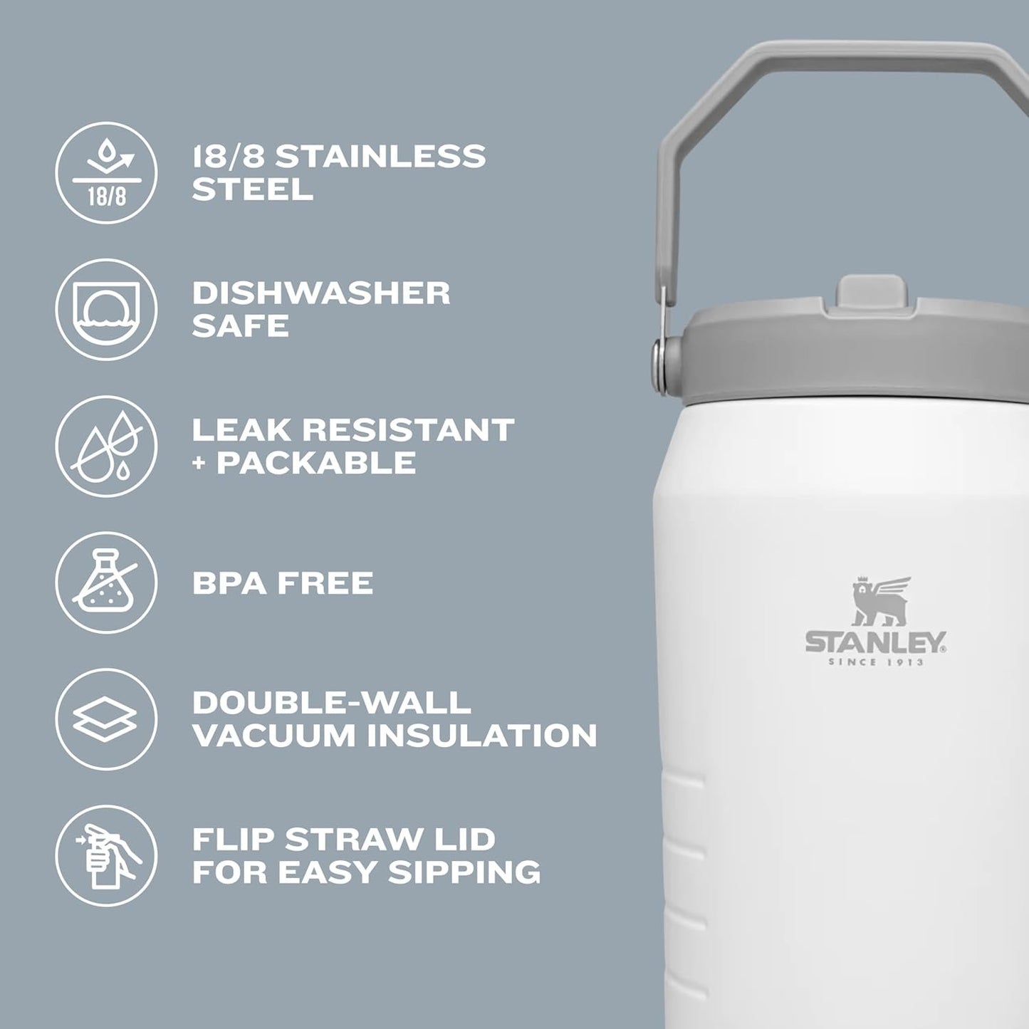 Stanley IceFlow Stainless Steel Water Jug with Straw, Vacuum Insulated Water Bottle for Home and Office, Reusable Tumbler with Straw Leak Resistant Flip, Polar, 64 oz / 1.90 L