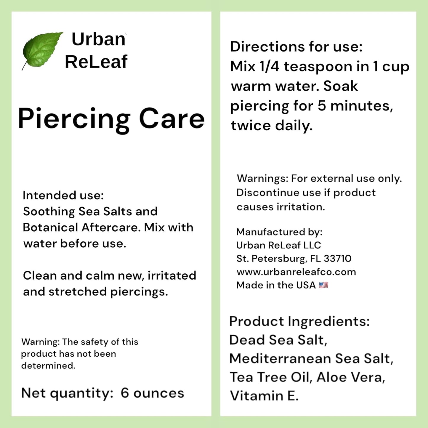 Urban ReLeaf Piercing Care 6 oz. Bag, Soothing Sea Salt & Botanical SOAK. Aftercare Solution Concentrate, Makes 90 Cups. Visit the Urban ReLeaf Store