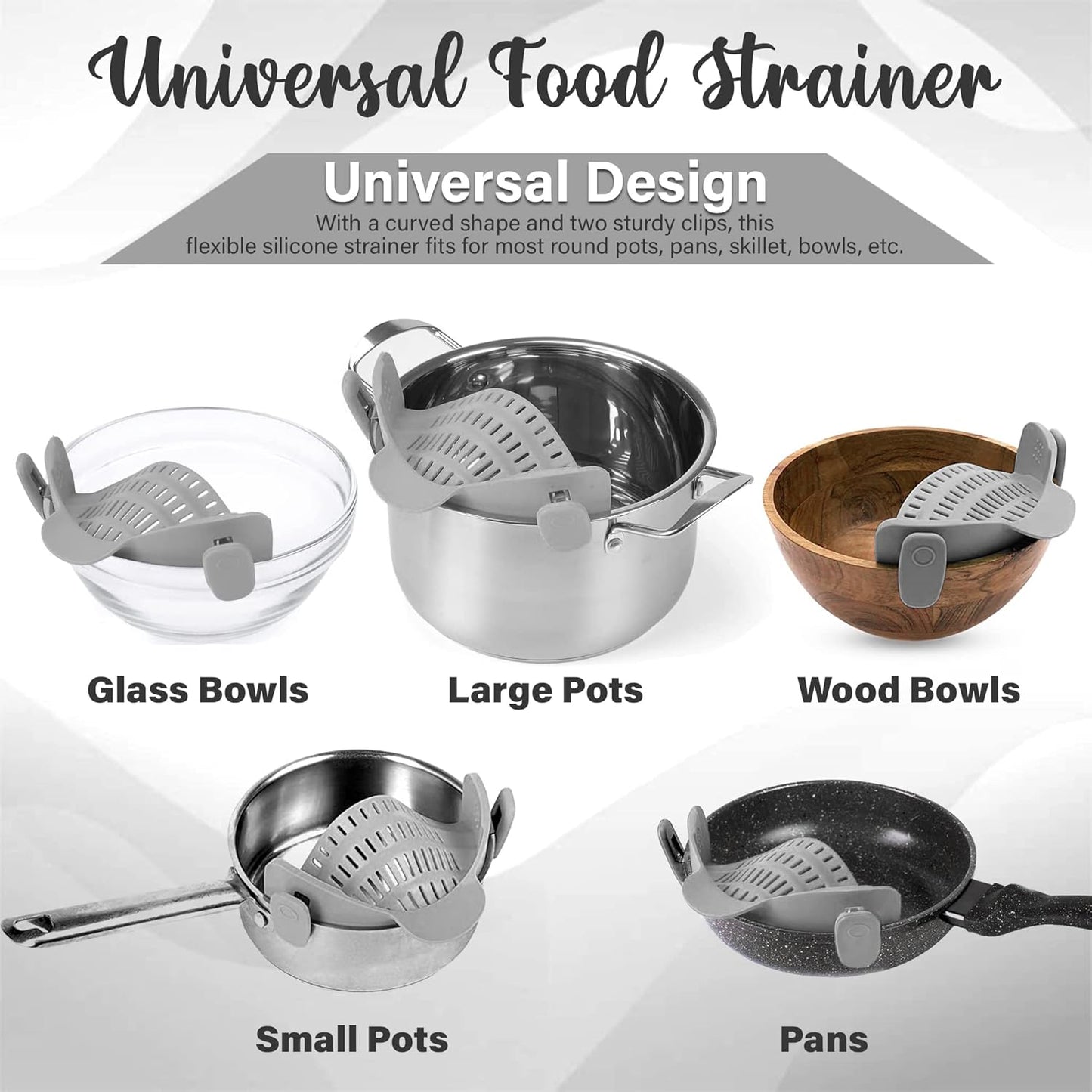 Gemsie Strainer and Pasta - Adjustable Silicone Clip On for Pots, Pans, Bowls, Kitchen Gadget, Gadgets Home, Must Haves, Fits All Bowls Pots Grey 9.05''x4.92''x2.63''
