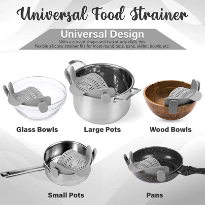 Gemsie Strainer and Pasta - Adjustable Silicone Clip On for Pots, Pans, Bowls, Kitchen Gadget, Gadgets Home, Must Haves, Fits All Bowls Pots Grey 9.05''x4.92''x2.63''