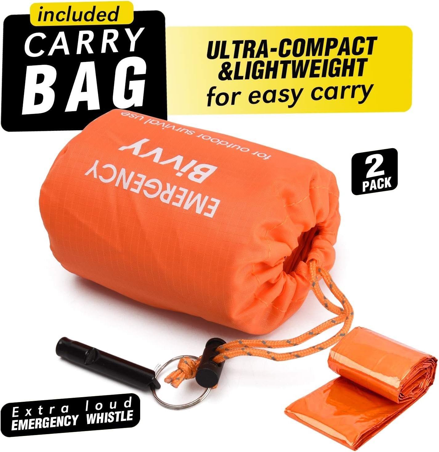 TOBWLOF Emergency Sleeping Bag, Lightweight Life Bivy Sacks with Whistle, Mylar Emergency Bivy Survival Rescue Blanket, Windproof Outdoor Thermal Sleeping Bag for Hiking, Camping, Traveling