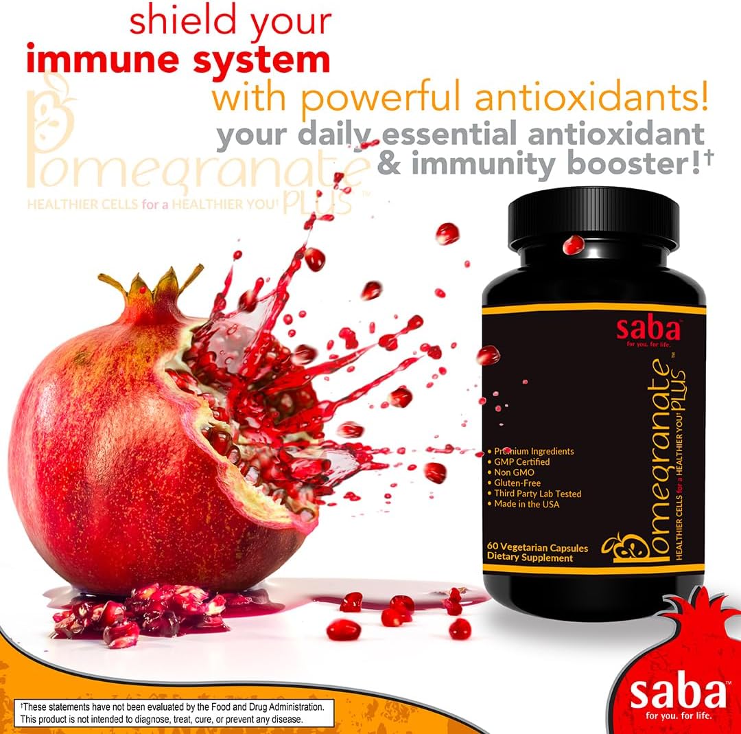 Saba Pomegranate Plus -Cellular Nutrition, Broad Spectrum of Essential Antioxidants - Support Stress, Cardiovascular Wellness, Immune System, Vision- 60 Capsules