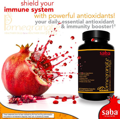 Saba Pomegranate Plus -Cellular Nutrition, Broad Spectrum of Essential Antioxidants - Support Stress, Cardiovascular Wellness, Immune System, Vision- 60 Capsules