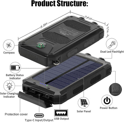 Solar Charger 20000mAh, Solar Power Bank Waterproof Portable Solar Phone Chargers Compatible with All Smartphone External Battery Pack with Dual 2 USB Port/LED Flashlights for Outdoor Camping(Blue)