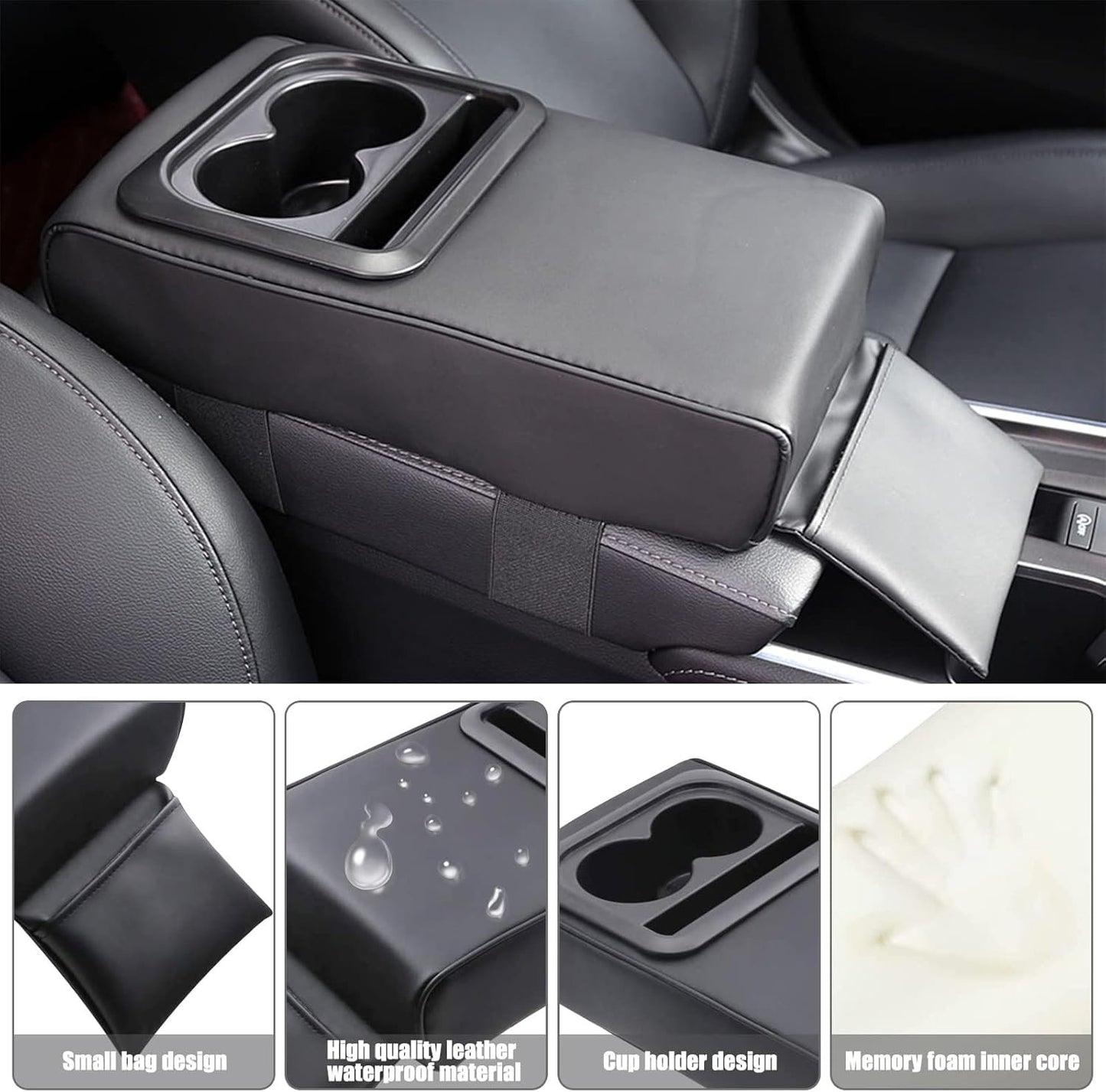 Car Center Console Armrest Cushion, Universal Leather Memory Foam Armrest Cover Pillow with Bling Coaster, Auto Arm Rest Support Pad Protector Interior Accessories