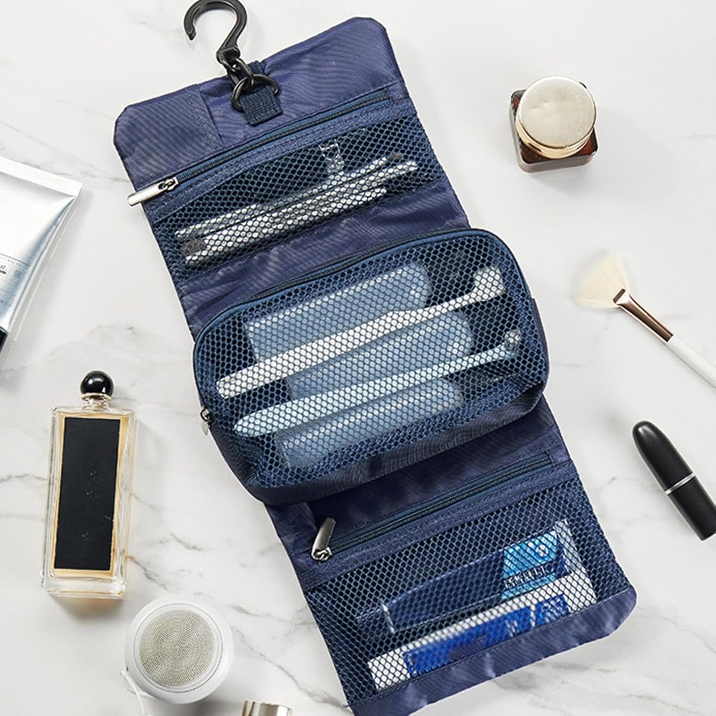 Hygiene Bag, Travel Toiletry Bag for Men, Cosmetic Bag Pouch, Portable Toiletry Storage Case, Waterproof Toiletry Travel Bag with Hook for Men, Navy blue, Se rÃ©fÃ©rer au descriptif, Refer to