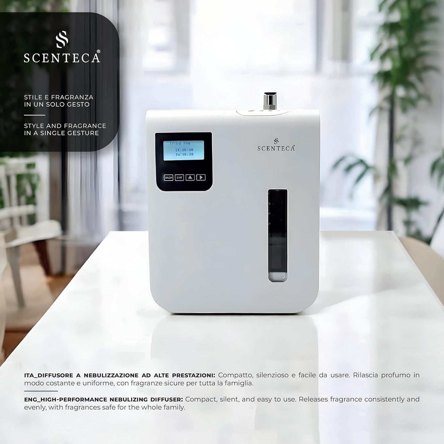 SCENTECA® AD-P3 Fragrance Diffuser for Domestic and Commercial Use Mist, Connectable Hvac, Coverage up to 100 m²/300 mc, 100 ml Fragrance Included "The White and Spring Flowers"
