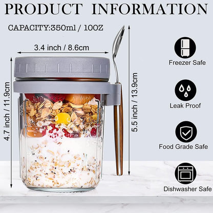 HJB VISSO Glass Jars, Overnight Oats Container with Lid and Spoon [4 Pack], Overnight Oats Jars, 350ml / 10 oz Cereal, Milk, Vegetable and fruit Salad Storage Container with Measurement Marks