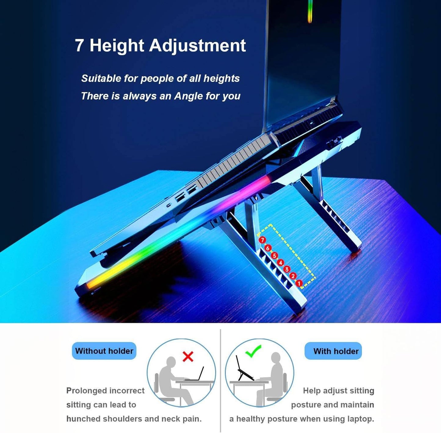 ZYHKJYL 10 Fans RGB Gaming Laptop Cooler Cooling Pad 15-17.3 Inch, Cooling Stand with 6 Height Adjustable, Laptop Cooler with RGB 2 USB Ports, black