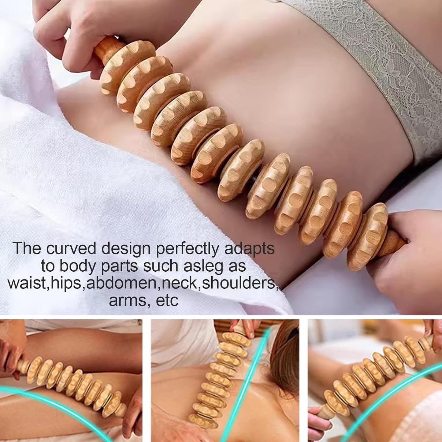 Wooden Muscle Massage Roller with Handle, Curved Roller Massager for the Whole Body, Promotes Circulation, Massager Legs, Back, Pain Relief and Body Relaxation