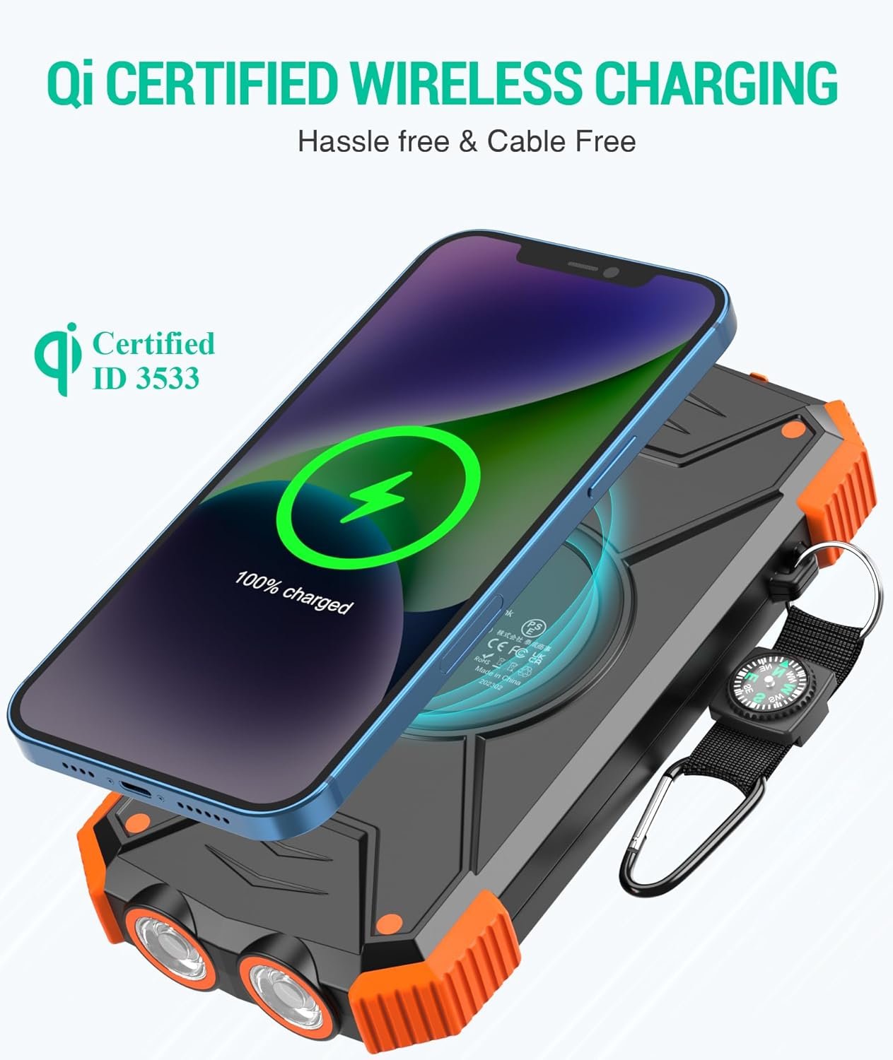Solar Power Bank, Qi Portable Charger 10,000mAh External Battery Pack Type C Input Port Dual Flashlight, Compass (IPX4 Splashproof, Dustproof, Shockproof, Solar Panel Charging, DC5V/2.1A Input)
