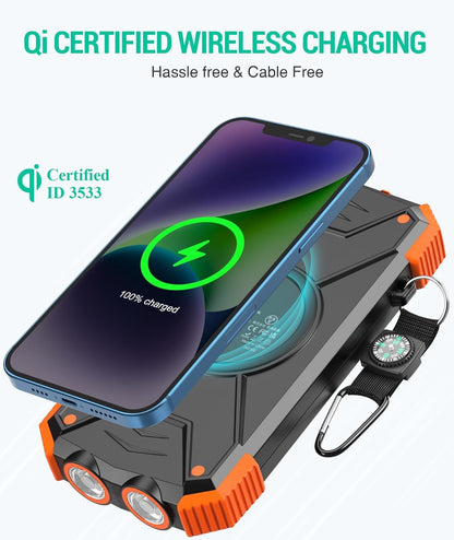 Solar Power Bank, Qi Portable Charger 10,000mAh External Battery Pack Type C Input Port Dual Flashlight, Compass (IPX4 Splashproof, Dustproof, Shockproof, Solar Panel Charging, DC5V/2.1A Input)