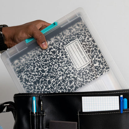 IRIS USA 5.7 L (6 US Qt) Large Clip Box, 4 Pack, Clear Plastic Storage Container Bins with Latching Lids, Organizing Container for Home, Office and School Supplies, Stackable, Seafoam Blue Buckles