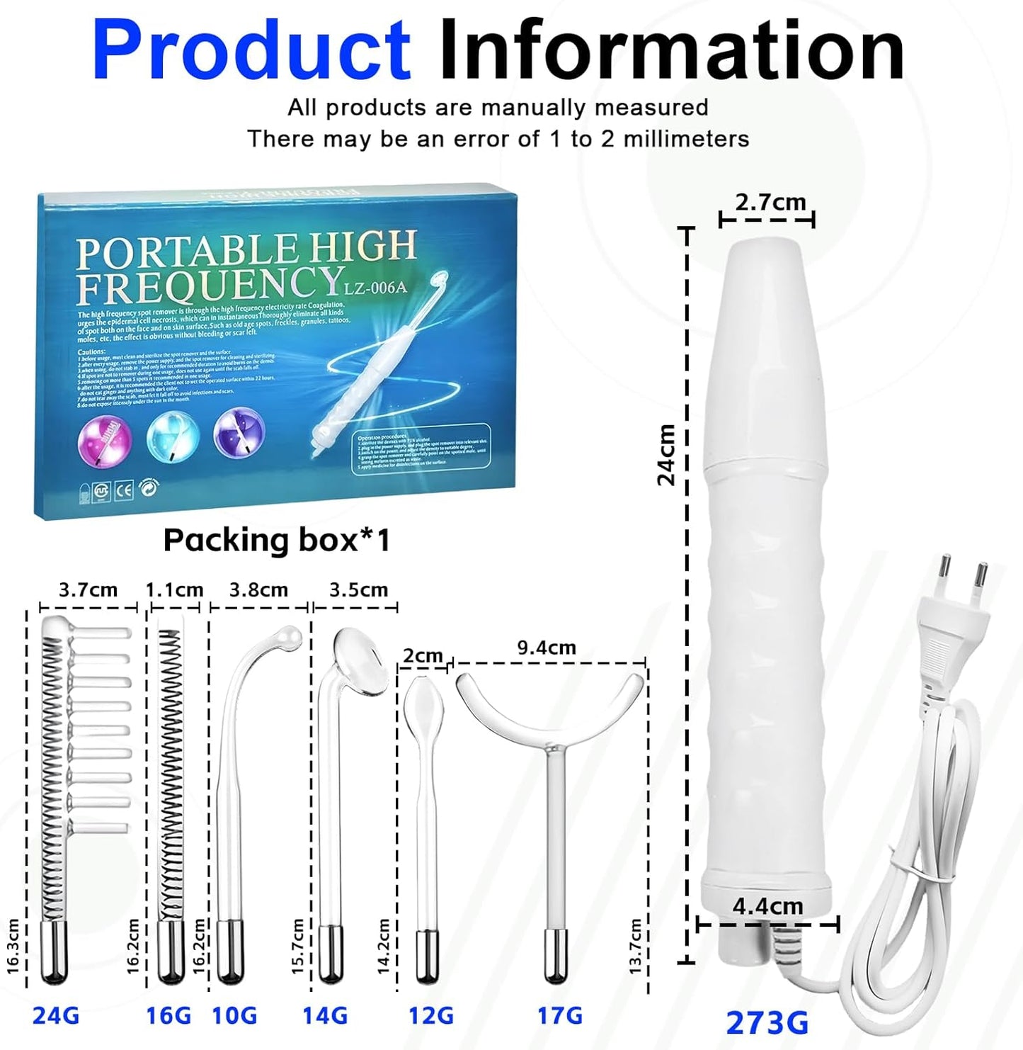 High Frequency Stick Face, Portable High Frequency Skin Tightening with 6 Different Neon Tubes, High Frequency RF Rod Device, Portable, High Frequency Device, for Skin Care System