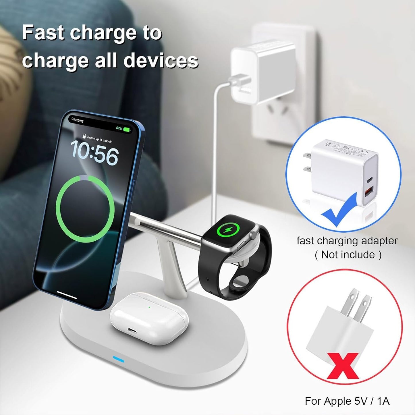 3 in 1 Wireless Charger Stand for Mag-Safe Charging,15W Fast Magnetic Wireless Charging Station for iPhone 16/15/14/13/12 Pro/Pro Max/Plus/mini,AirPods,Apple Watch Series 10/9/8/7/6/SE/5/4/3/Ultra 2
