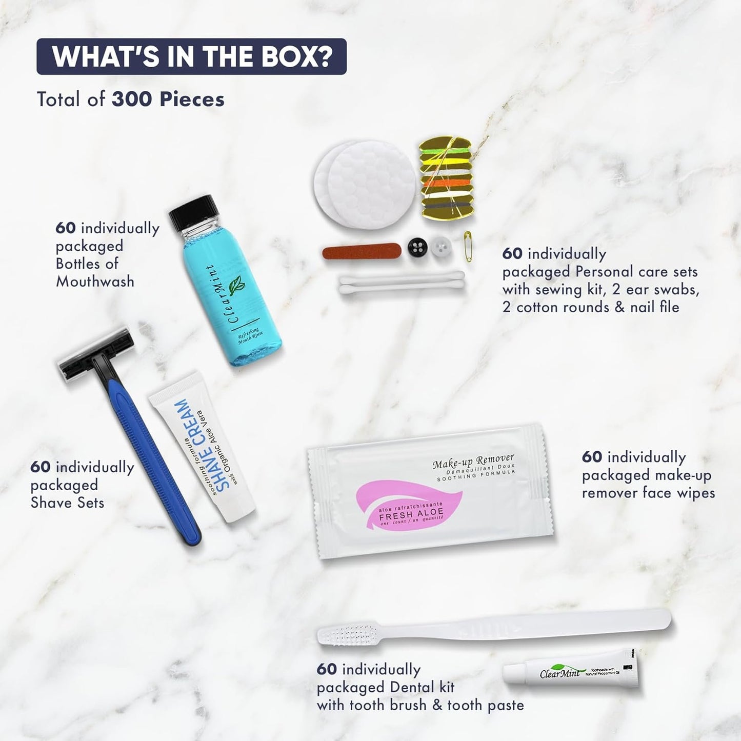 Personal Care Travel Size Toiletries | 1-Shoppe All-In-Kit Hotel Amenities Bulk | Travel Shaving Set, Toothbrush & Paste, Mouthwash, Makeup Wipes, Swabs, Nail File & Sewing Kit | 300 Pcs