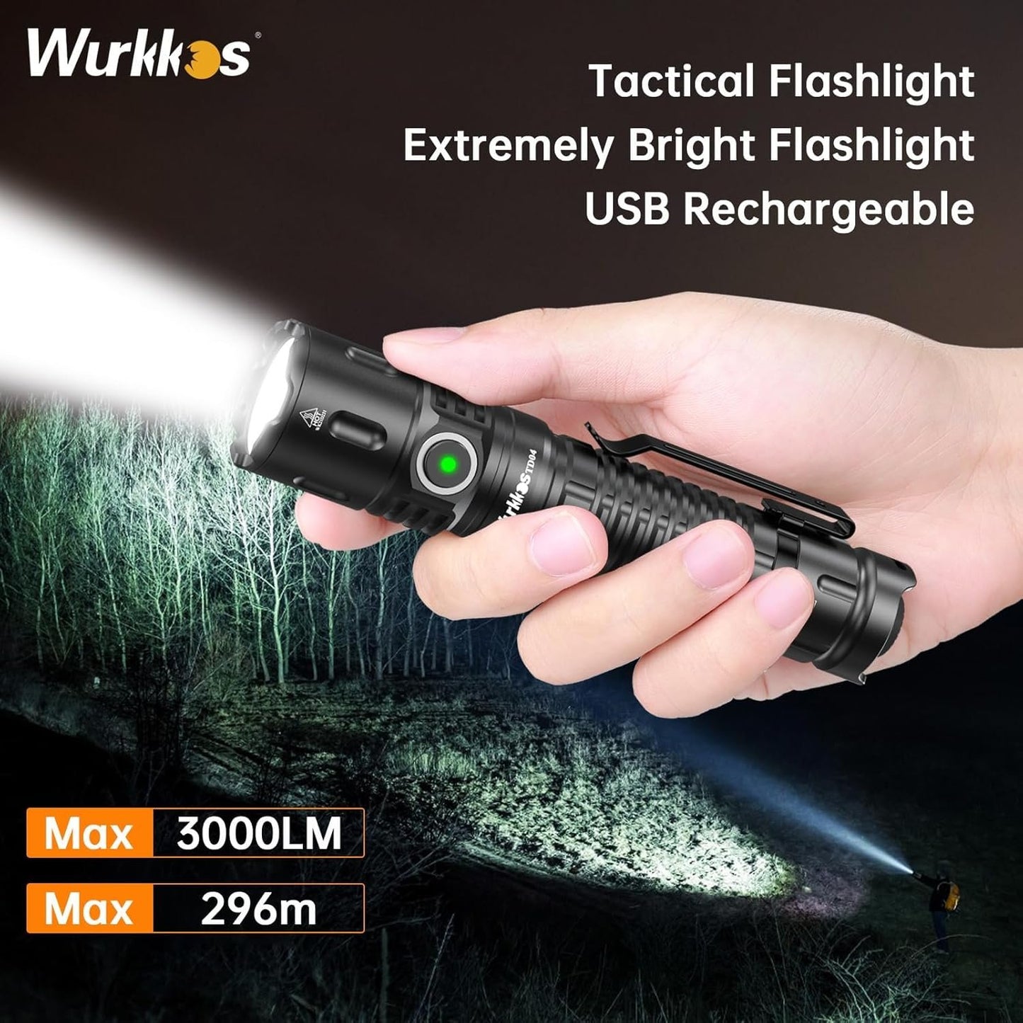 Wurkkos TD04 Tactical Flashlight, Handheld Flashlights Rechargeable, 3000 Lumens Super Bright LED Flashlight with Type C Charging Port Tail Switch for Camping, Hiking, Emergency, IP68 Waterproof