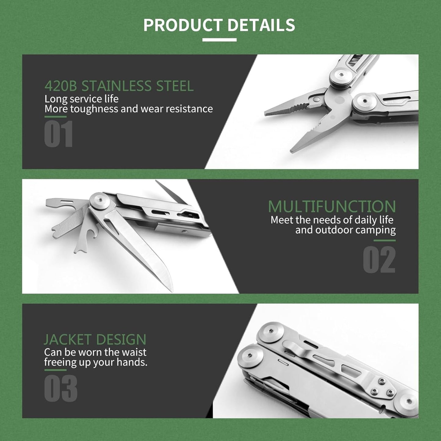 ETANPE 12-in-1 Multitool Pocket Knife, 420 Stainless Steel, Foldable Design with Pliers, Wire Cutters, Saw Blade, Scissors, Screwdrivers, Bottle Opener, Back Clip, Nylon Sheath
