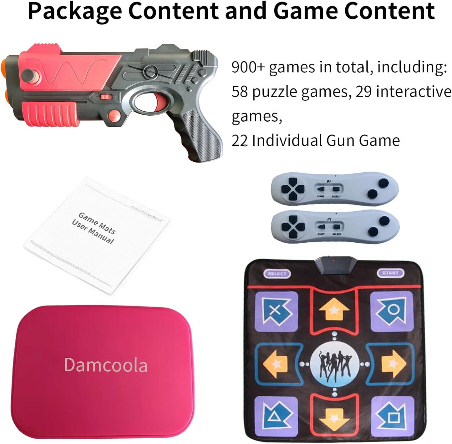 Damcoola TV Retro Game Console with 900+ Games, Video Game System for Kids and Adults with AR Gun Game Toy, 200+ Dance Mat Songs, TV Plug&Play,2.4G Game Controllers Toy Gift for