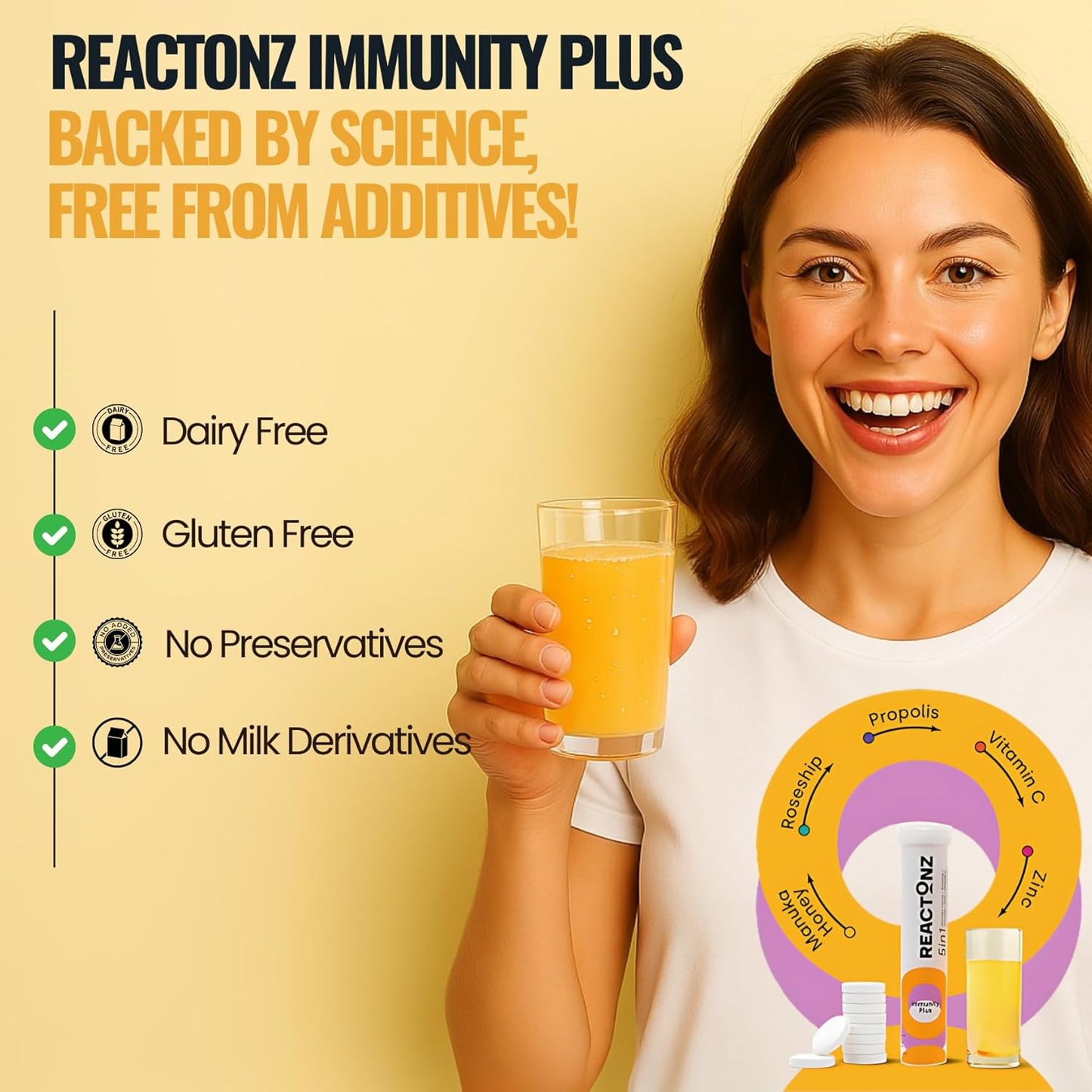 Immunity Plus – Immune Booster Supplement with Vitamin C, Zinc, Manuka Honey, Rosehip & Propolis – Natural Orange Flavour Fizzy Drink for Daily Immune Support (20 Effervescent Tablets)