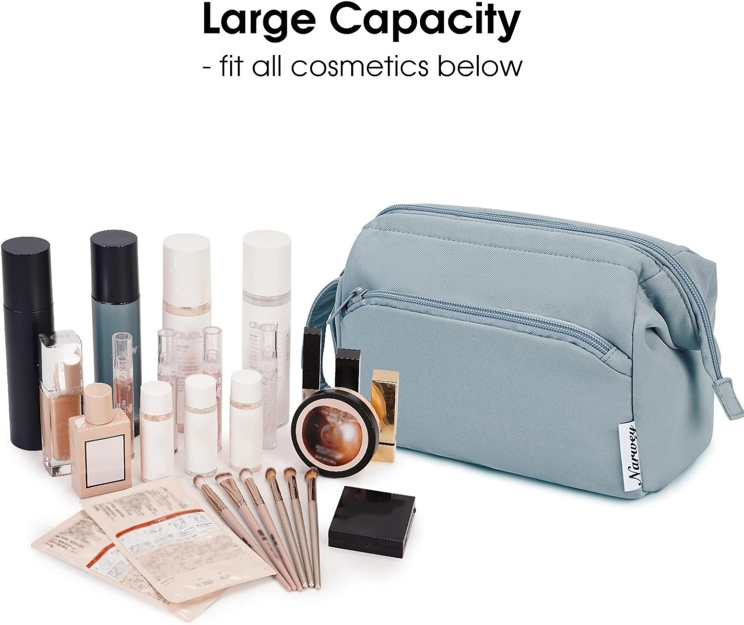 Narwey Large Women Makeup Bag Wide-Open Make up Bag Travel Cosmetic Organizer Toiletry Bag for Cosmetics Toiletries Accessories (Greyish Blue)