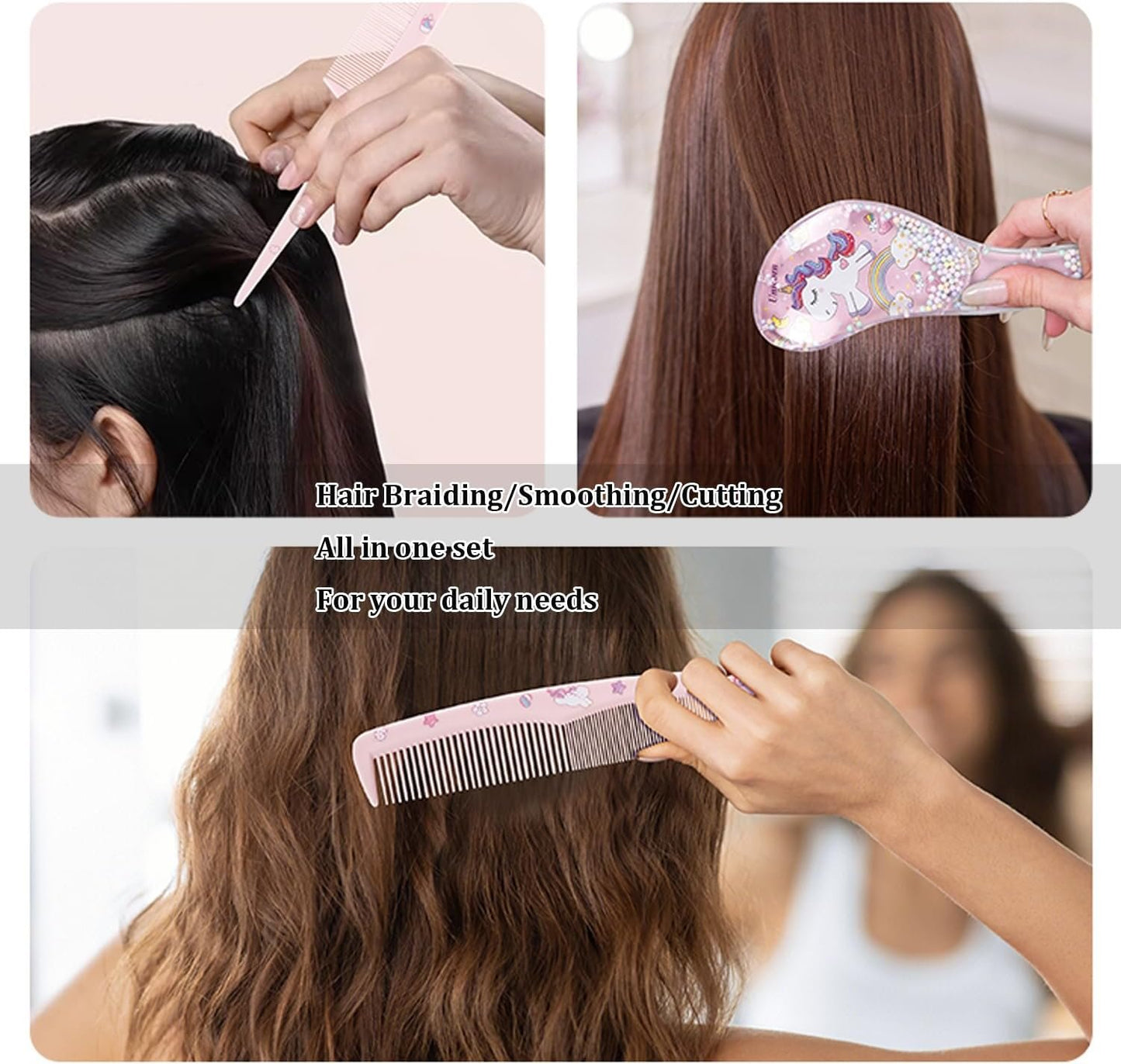 Shoyisenka 3 Pcs Cute Pink Unicorn Comb & Brush Set for Girls, Toddlers & Kids, Gentle Hairstyling Accessories for Straight, Curly & Thick Hair, All Purpose Hair Care Gift Set