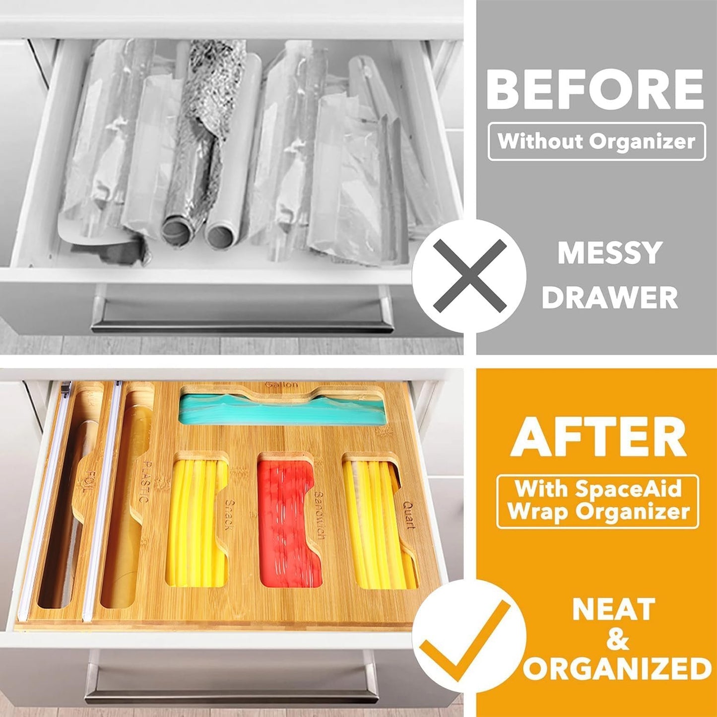 Bag Storage 6 IN 1 Foil and Plastic Wrap Organizer for Kitchen Drawer, Plastic Wrap Dispenser with Cutter, 100% bamboo foil and plastic wrap organizer,bag organizer for Drawer Gallon, Quart