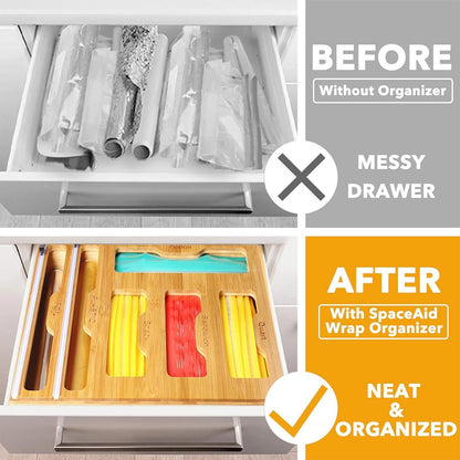 Bag Storage 6 IN 1 Foil and Plastic Wrap Organizer for Kitchen Drawer, Plastic Wrap Dispenser with Cutter, 100% bamboo foil and plastic wrap organizer,bag organizer for Drawer Gallon, Quart