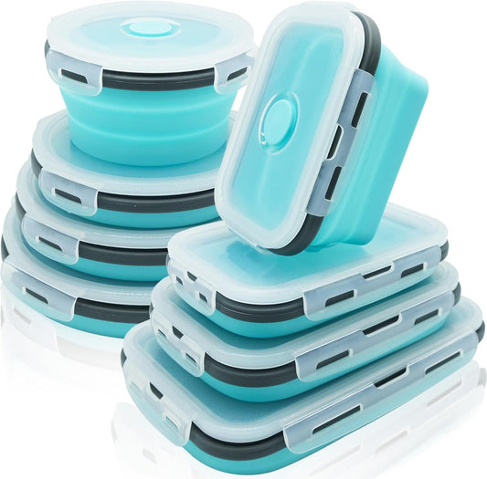 Lunememo 8 Pack Collapsible Silicone Food Storage Containers with Lids, Freezer & Dishwasher Safe, Foldable Lunch Box for Camper, Leftovers, Meals, Blue