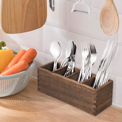Kitchen Utensil Holder, Wooden Cutlery Holder, 4 Adjustable Smart Compartments Silverware Organizer Spoon Holder for Kitchen Accessories