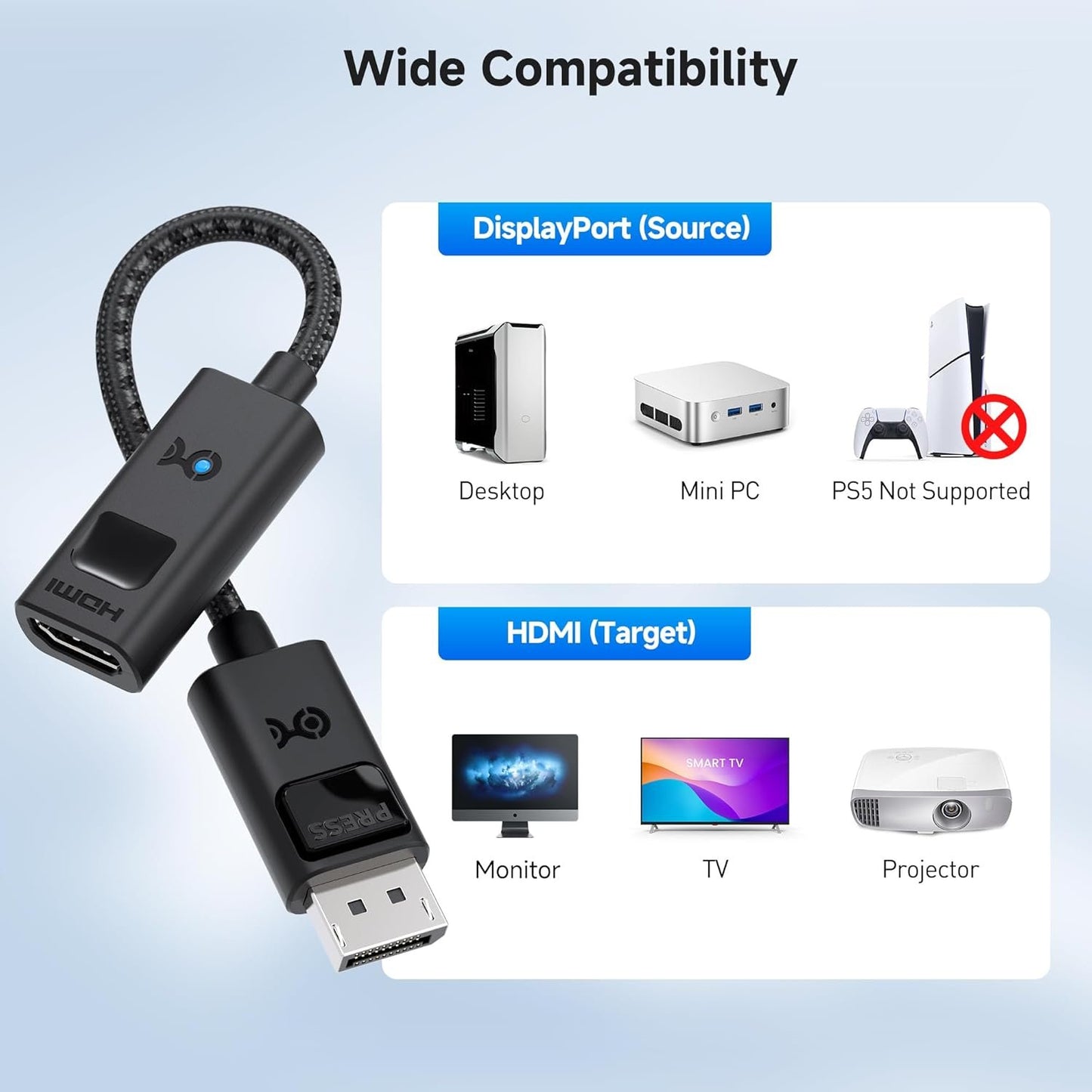Cable Matters 8K DisplayPort 1.4 to HDMI 2.1 Adapter with 4K 120Hz or 8K 60Hz, Unidirectional DisplayPort to HDMI 2.1 Cable Adapter in Black, Support for RTX 3080/3090, RX 6800/6900 and More
