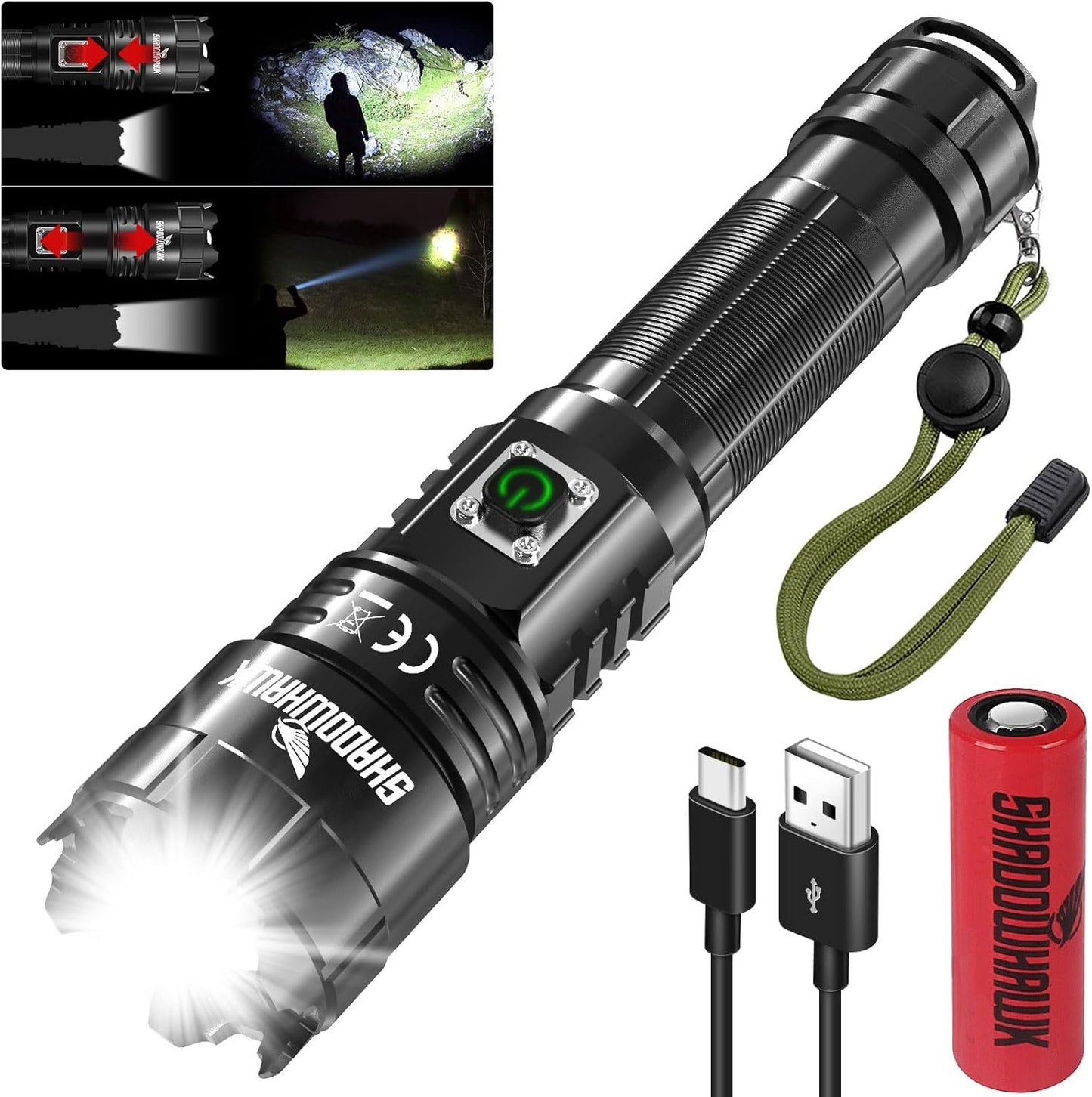 Shadowhawk Flashlight Rechargeable, Tactical Flashlight 250000 Lumens Led Flashlights, XHP70.2 Flash Light Brightest Flashlight Powerful, Military High Power Flashlight Super Bright, Camping Hiking