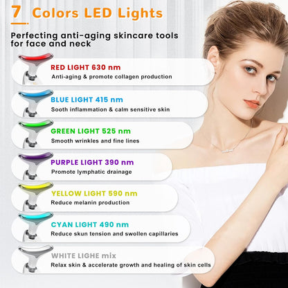 Facial Beauty Device, Face Massager Tool for Skin Care, Based on Triple Action LED, Thermal, and Vibration, Red and Blue LED Light, 7 Color Led Face and Neck Massager for Home Use (Glossy White)