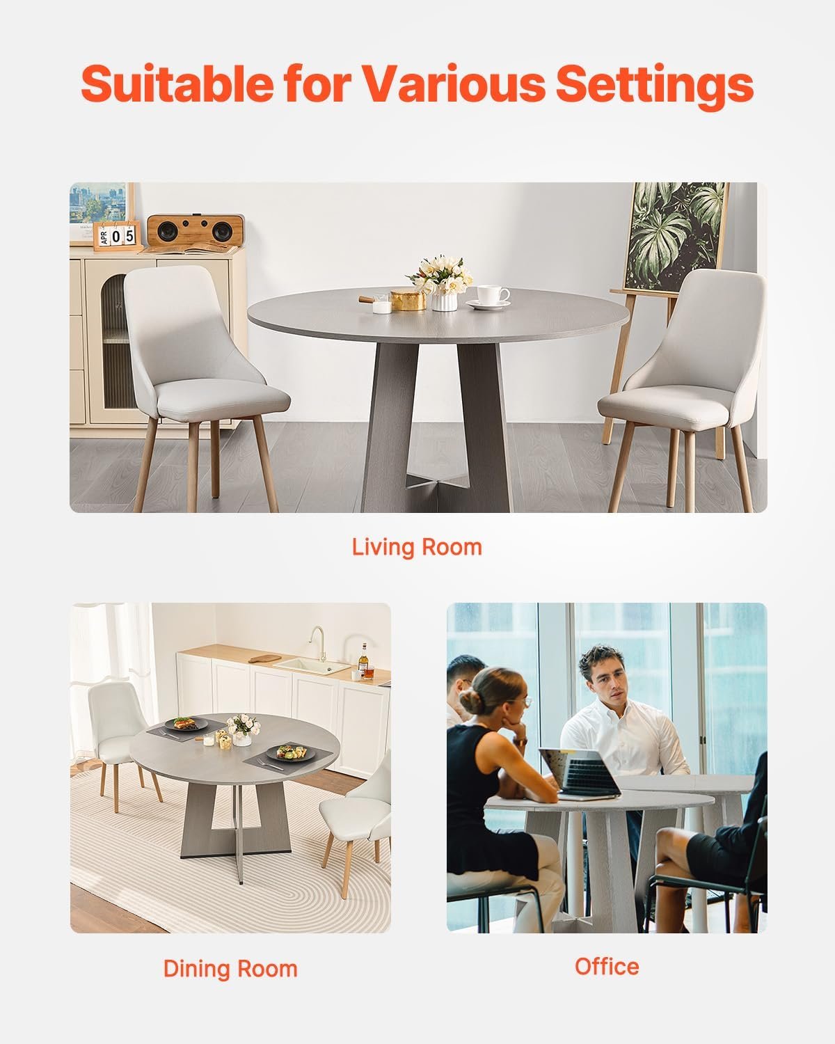VEVOR Round Dining Table, 47 inch Wood Table for 2-4 Person, Farmhouse Circle Dinner Furniture, Rustic Leisure Tables with Thick Wooden Legs, for Home Kitchen Living Room, Grey (Only Table)