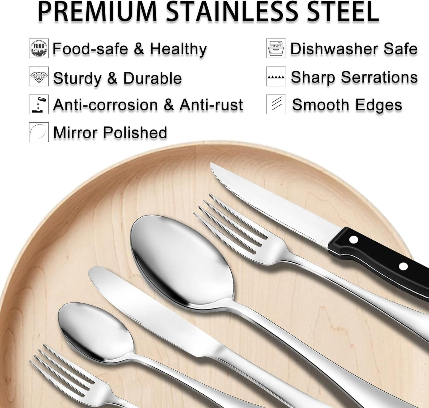 49-Piece Cutlery Set with Organizer, Stainless Steel Silverware Set Service for 8 with Steak Knives and Utensils