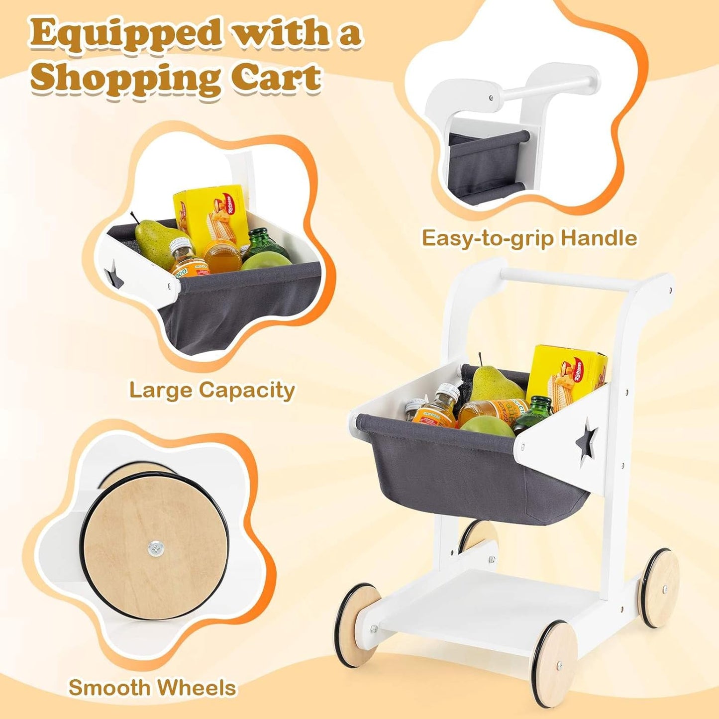 HONEY JOY Pretend Play Grocery Store Set, Kids Market Stand with Shopping Cart, 2 Chalkboards & Cash Register, Wooden Supermarket Playset with Display Shelves, Toy Playset for Children 3+ Years Old