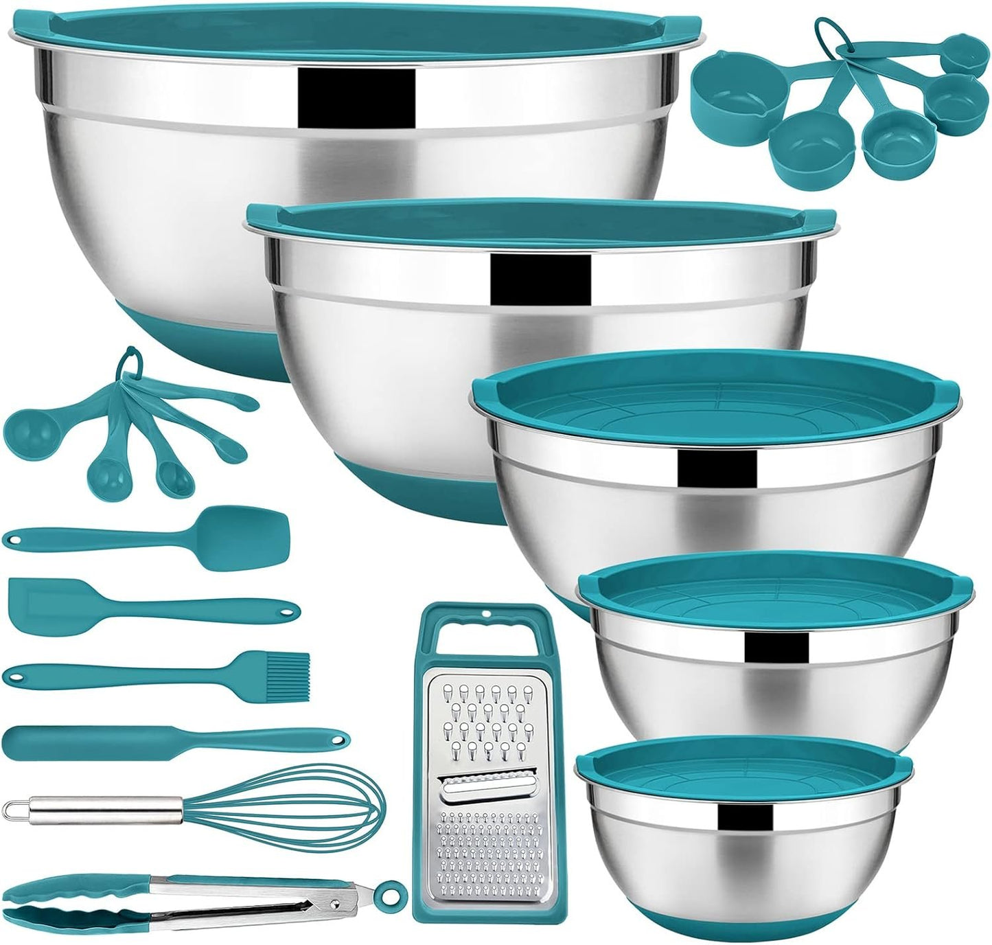 22-Piece Mixing Bowls with Teal Blue Lids & Accessories Set, E-far Stainless Steel Nesting Bowls with Covers & Non-Slip Bottoms, Metal Bowls for Cooking/Baking/Serving/Storage -Size 7/3.5/2.5/1.5/1 QT
