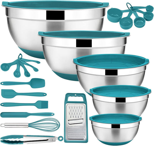 22-Piece Mixing Bowls with Teal Blue Lids & Accessories Set, E-far Stainless Steel Nesting Bowls with Covers & Non-Slip Bottoms, Metal Bowls for Cooking/Baking/Serving/Storage -Size 7/3.5/2.5/1.5/1 QT