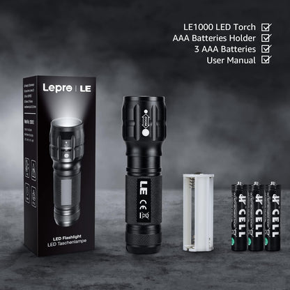 LE LED Torch, Super Bright Battery Powered Flashlight with Adjustable Focus, Waterproof, Handheld Tactical Mini Torches, Lightweight Flashlight for Emergency,Running, 3 AAA Batteries Included